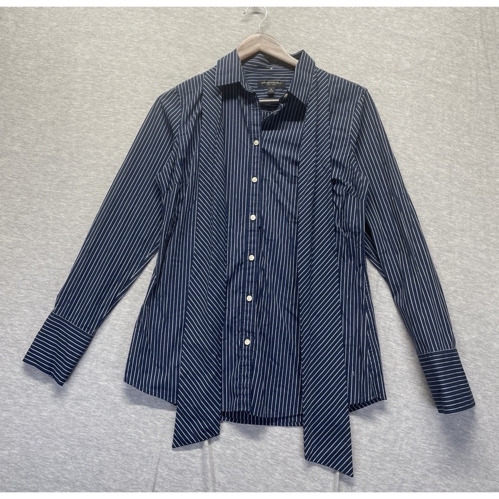 Banana Republic Riley Shirt Women 8 Navy White Striped Button Up Back Tie Detail